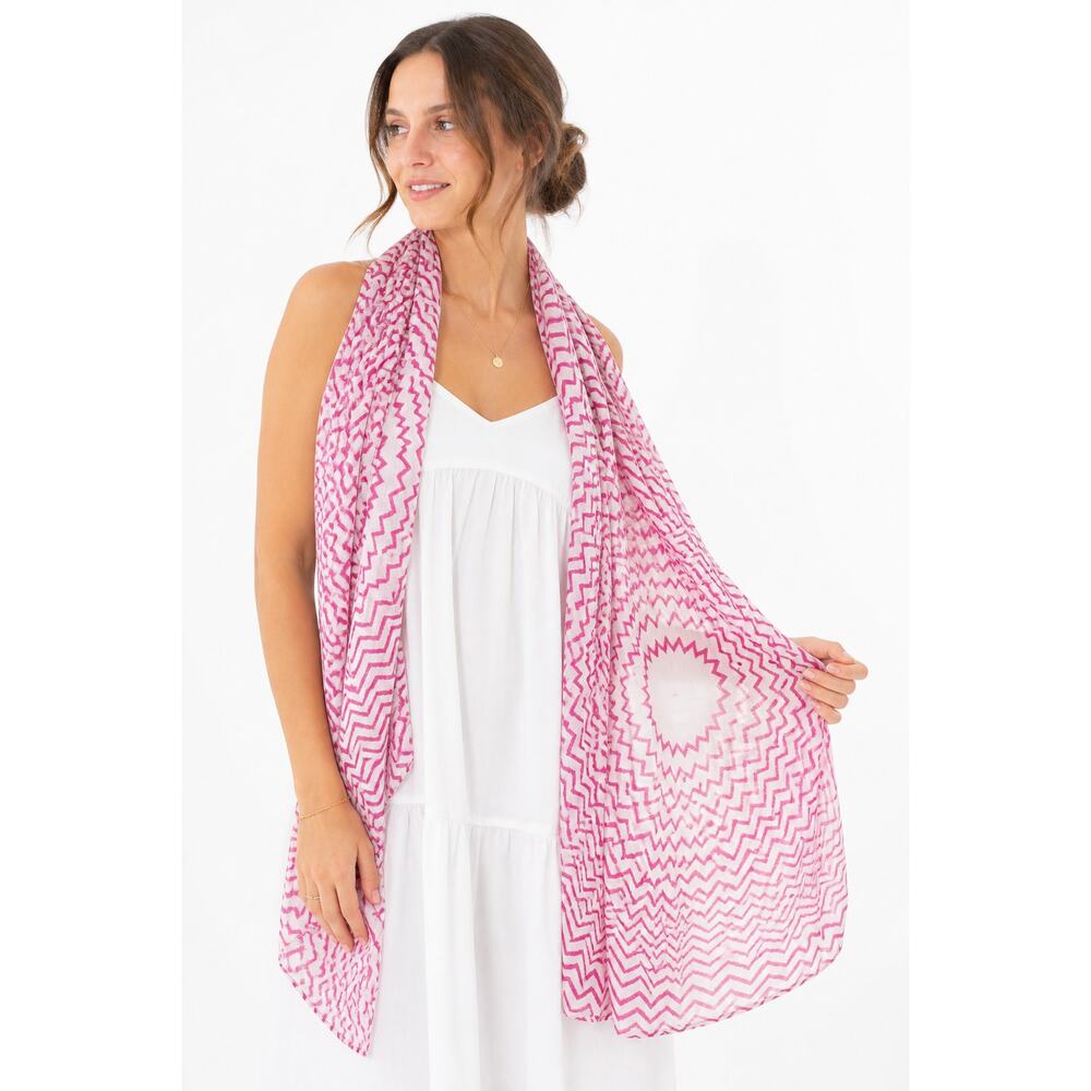 John Robshaw Pink Geometric Cotton Voile Scarf Lightweight India Boho Wrap